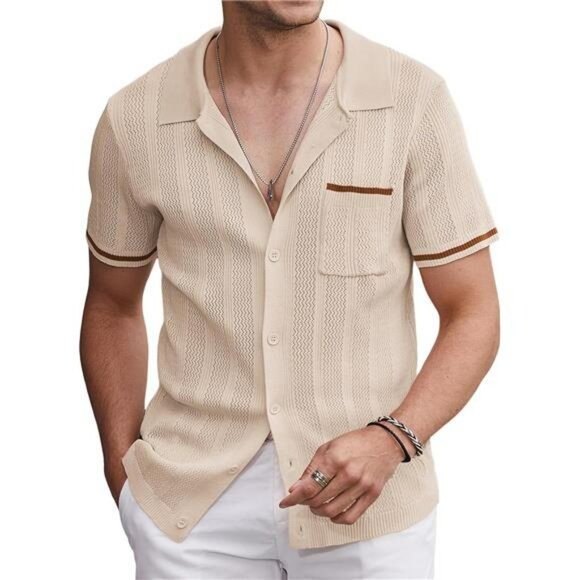 Other - Men's Short Sleeve Knit Shirts Vintage Button Down Polo Shirt Casual Beach Top